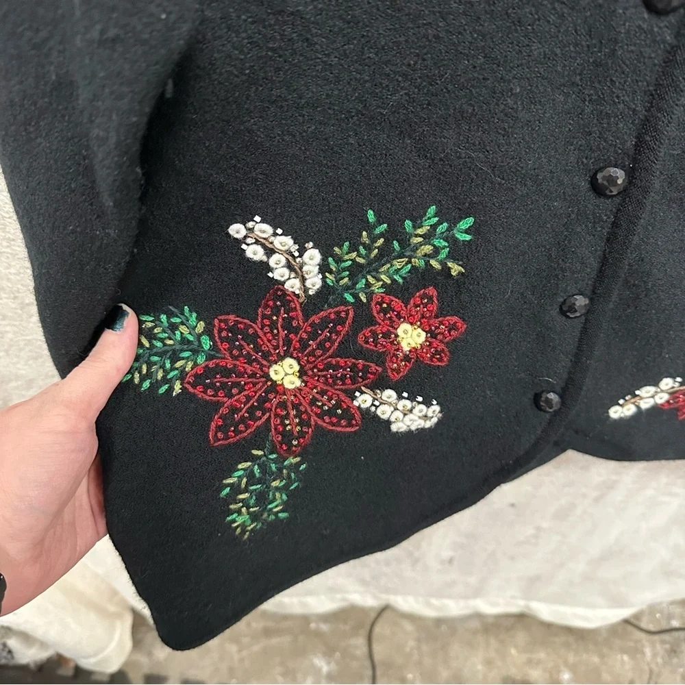 Charter Club women’s wool cardigan sweater button up embroidered floral large